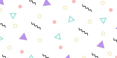 Beyaz arka planda renkli Memphis tarzı geometrik desen. Vektör illüstrasyonu