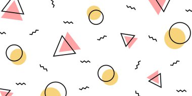 Beyaz arka planda renkli Memphis tarzı geometrik desen. Vektör illüstrasyonu