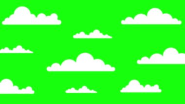 Mavi gökyüzünde yeşil ekranda çizgi film tarzında hareket eden beyaz bulutların animasyonu