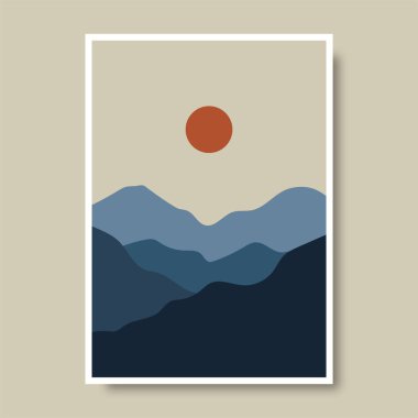 Dağ manzarası kavramına ve pastel renklere sahip posterler. Bitki yaprakları, sosyal medya için harika tasarım, baskılar, duvar dekorasyonu. Vektör illüstrasyonu