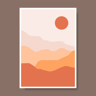 Dağ manzarası kavramına ve pastel renklere sahip posterler. Bitki yaprakları, sosyal medya için harika tasarım, baskılar, duvar dekorasyonu. Vektör illüstrasyonu