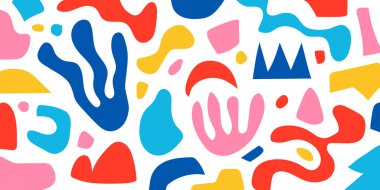 Matisse tarzında soyut şekilleri olan şirin bir desen. Çeşitli organik şekillere ve basit çizgilere sahip bir arka plan. Pastel renklerde Doodle sanat arkaplanı. Vektör illüstrasyonu