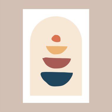 El çizimi, soyut şekil kompozisyonu. Rengarenk soyut nesneler, dağ, bitki. Kartpostal, kapak, duvar kâğıdı, duvar sanatı, ev dekorasyonu için asgari düzeyde modern sanat.