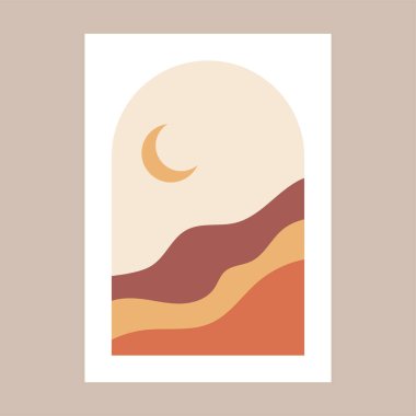 El çizimi, soyut şekil kompozisyonu. Rengarenk soyut nesneler, dağ, bitki. Kartpostal, kapak, duvar kâğıdı, duvar sanatı, ev dekorasyonu için asgari düzeyde modern sanat.