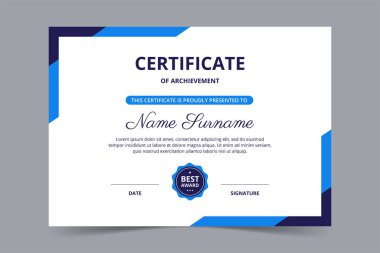 Modern elegant blue certificate template. Appreciation for business and education. Vector illustration clipart