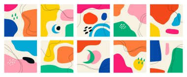 Renkli soyut arka planlar. Çeşitli el çizimleri şekiller ve nesneler. Soyut modern trend vektör illüstrasyonu.
