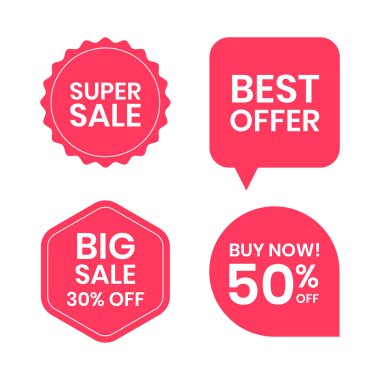 Fiyat etiketleri ve satış afişleri koleksiyonu. Moda kırmızı etiket ve etiket tasarımı. Vektör illüstrasyonu
