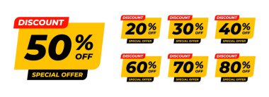 Special offer discounts starting from 20, 30, 40, 50, 60, 70, 80, 90 percent. Trendy yellow color sales promotion banner element. Vector illustration