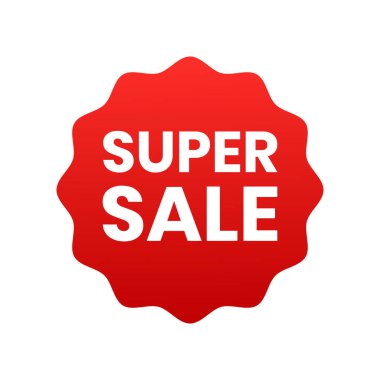 Süper satış afişi, beyaz arka planda kırmızı etiket. Etiketler, rozet, terfi için kurdele. Vektör illüstrasyonu