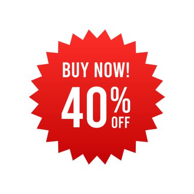 Şimdi yüzde 40 indirimli pankart al, kırmızı etiket beyaz arka planda. Etiketler, rozet, terfi için kurdele. Vektör illüstrasyonu