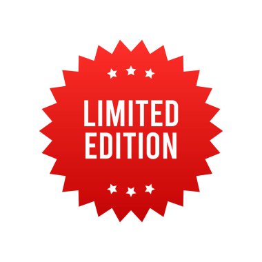 Sınırlı sayıda basılmış pankart, kırmızı etiket beyaz arka planda izole edilmiş. Etiketler, rozet, terfi için kurdele. Vektör illüstrasyonu