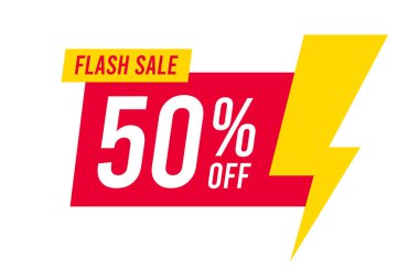 Flash satışları% 50 indirimli. Beyaz arka planda kırmızı ve sarı şablon. Vektör illüstrasyonu