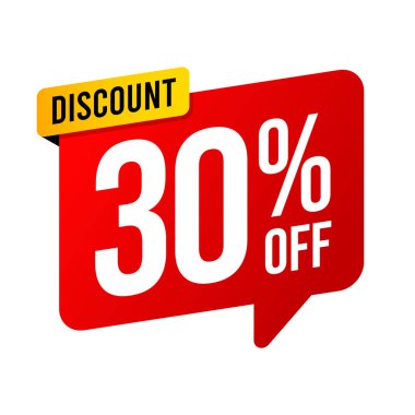 Yüzde 30 indirimli. Beyaz arka planda kırmızı ve sarı şablon. Vektör illüstrasyonu