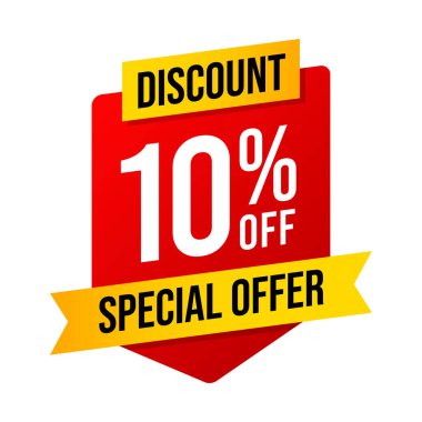 Özel teklif% 10 indirimli. Beyaz arka planda kırmızı ve sarı şablon. Vektör illüstrasyonu