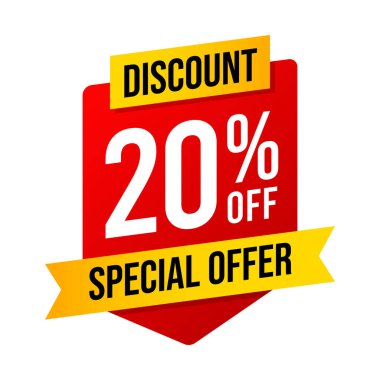 Özel teklif% 20 indirimli. Beyaz arka planda kırmızı ve sarı şablon. Vektör illüstrasyonu