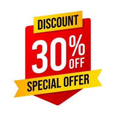 Özel teklif% 30 indirimli. Beyaz arka planda kırmızı ve sarı şablon. Vektör illüstrasyonu