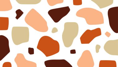 Terrazzo soyut konsept kusursuz desen. Renkli taş organik şekiller arka planda. İzler, duvar kağıtları, duvar dekorasyonu için soyut sanat tasarımı. Vektör illüstrasyonu