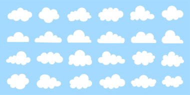 Çizgi film beyaz bulut çizimleri düz dizayn tarzında. Mavi gökyüzündeki bulutların görüntüsü