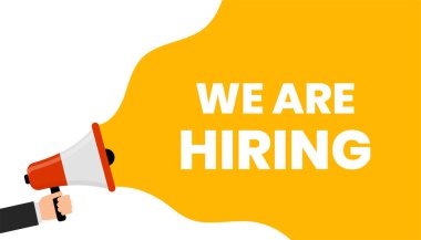 Eleman arıyoruz. Duyuru için el ele megafon tutuş. İş ve başarı kavramı. Vektör illüstrasyonu