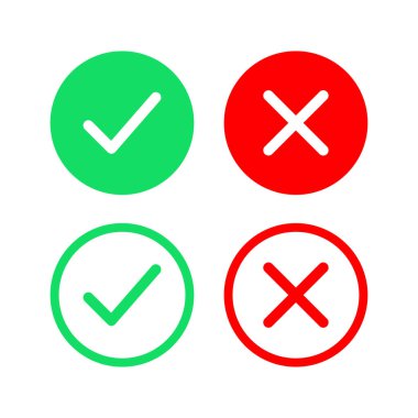 Yeşil işaretler ve kırmızı haç simgeleri. Kontrol listesi sembolü, onay planı ve kontrol listesi işareti. Vektör İllüstrasyonu