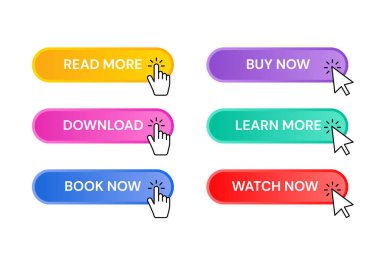 Set of colorful buttons with hand cursor and arrows. Read more. Download. Order now. Buy now. Learn more. Watch now. Element for web design clipart