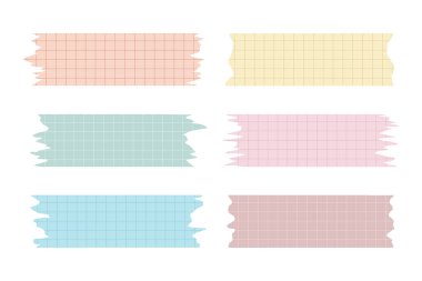 Beyaz arka planda renkli washi bantları. Vektör formunda yapışkan notlar için yırtık bir Washi bandı çizimi