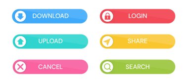 İşaret simgesiyle renkli düğme seti. İndir, yükle, iptal et, giriş yap, paylaş, ara. Web tasarımı için element düğmesi