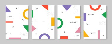Memphis tarzı geometrik kapak tasarımı koleksiyonu. Vektör illüstrasyonu