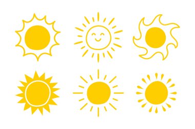 Sarı güneş vektörü karalama stiliyle çizilmiş. Gündüz vakti güneşin görüntüsü. Vektör illüstrasyonu