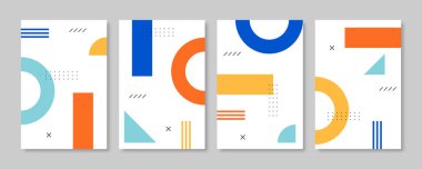 Memphis tarzı geometrik kapak tasarımı koleksiyonu. Vektör illüstrasyonu