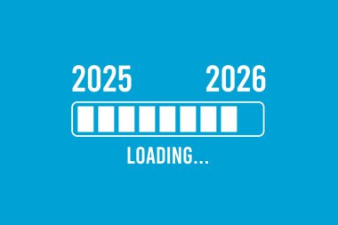 Yeni yıl 2026 'dan önce yükleme işlemi. 2026 yılının yeni yıl sembolü. Moda tasarımlı yaratıcı bayrak.