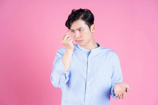 Portrait Young Asian Man Pink Background — Stock Photo, Image