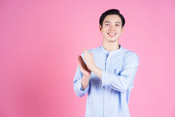 Portrait Young Asian Man Pink Background — Stock Photo, Image