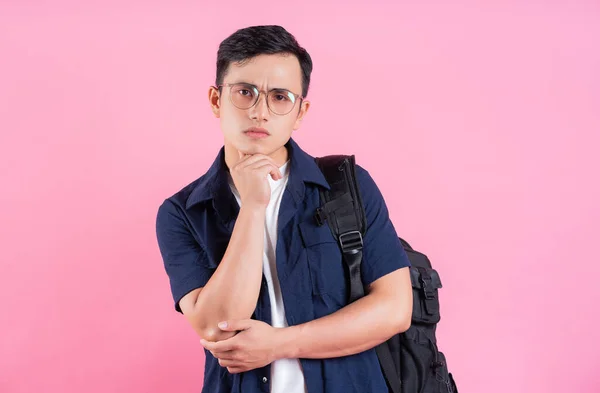 Bild Der Jungen Asiatischen College Studentin Auf Rosa Hintergrund — Stockfoto