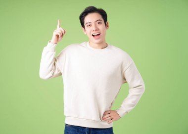 Yeşil arka planda poz veren Asyalı genç adamın portresi