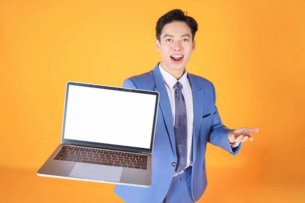 Obraz Młodego Azjatyckiego Biznesmena Korzystającego Laptopa Tle — Zdjęcie stockowe
