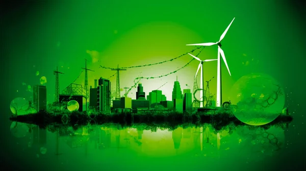 電気の緑のエネルギー 風力発電からグリーン電力を得る都市の図です ストック写真