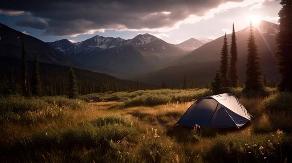 tent in breathtaking mountain landscape. outdoor, camping, hiking
