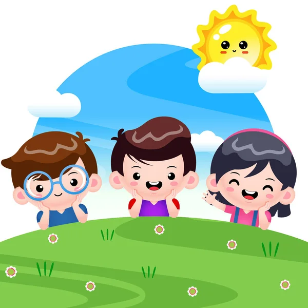Illustrationsvektorgrafik Der Gruppe Der Glücklichen Kinder Die Auf Grünem Gras — Stockvektor