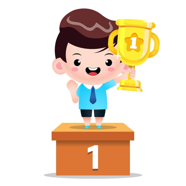 Illustratie Vector Graphic Cute Student Boy Expressing Achievement Single Podium — Stockvector