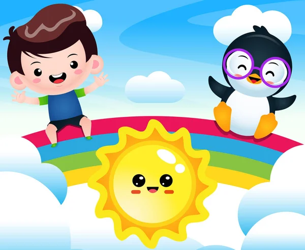 Illustrationsvektorgrafik Von Cartoon Happy Cute Boy Und Pinguin Sitting Rainbow — Stockvektor