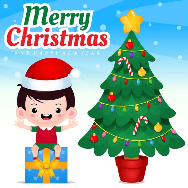 Illustration Vector Graphic Boy Sitting Gift Box Celebrating Christmas New — Stock Vector