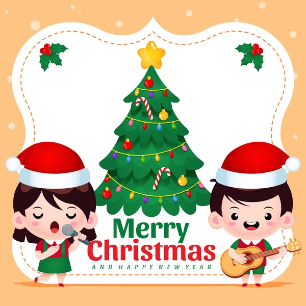 バナーとかわいい男の子と女の子の歌クリスマスソングのイラストベクトルグラフィック クリスマスカード バナー ポスター 児童書カバー 児童書イラストなどに最適 — ストックベクタ