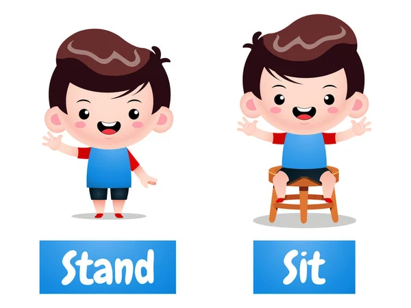 일러스트레이션 그래픽 Cute Boy Cartoon Example Word Antonim Stand Sit — 스톡 벡터