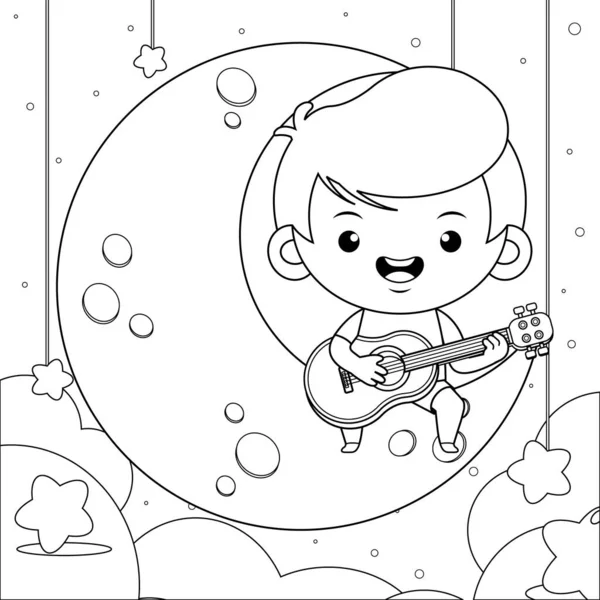 子供のためのぬり絵のイラストベクトルグラフィック 漫画かわいい男の子月にギターを演奏座っている 子供の本のカバー 子供の本のイラスト ゲームのイラスト ゲーム資産 アニメーションなどに最適です — ストックベクタ