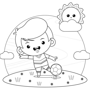 Illustration vector graphic of coloring book for kids. Cute Boy Kicking Soccer Ball. Perfect for children books cover, children book illustration,game illustrations, game asset,animation,etc