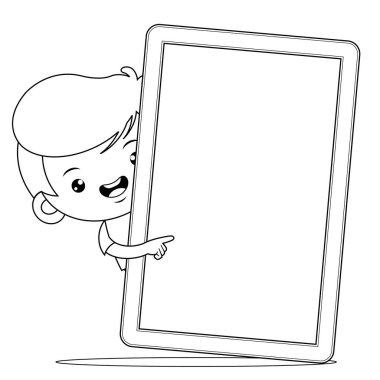 Illustration vector graphic of coloring book for kids. Cute Boy Peeking Behind Blank Phone Tablet. Perfect for children books cover, children book illustration,game illustrations, game asset,animation,etc