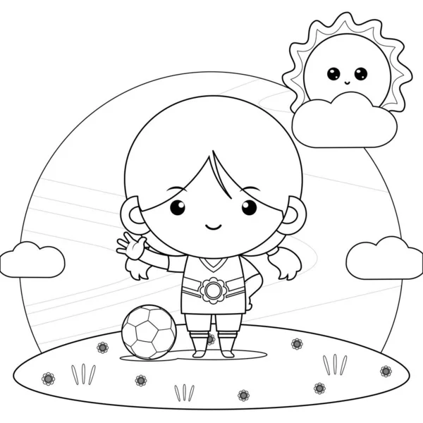 子供のためのぬり絵のイラストベクトルグラフィック サッカーボールを持つ幸せな女の子 ウェブサイト 子供の本のカバー 子供の本のイラスト ゲームのイラスト ゲーム資産 アニメーションなどに最適です — ストックベクタ