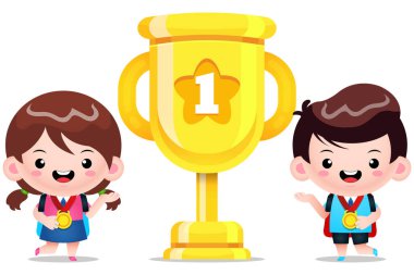 Mutlu Öğrenciler Kazananı Altın Kupa 'yı sunar. İllüstrasyon vektör grafiği. Çocuk kitapları kapağı için mükemmel, çocuk kitabı illüstrasyonu, oyun çizimleri, oyun değeri, animasyon, vs.