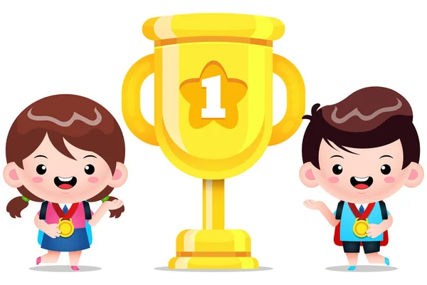 Illustratie Vectorgrafiek Van Happy Cute Students Winnaar Met Golden Trophy — Stockvector